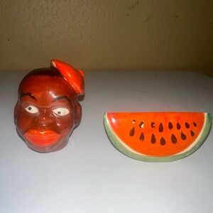 Vintage black Americana salt pepper shaker set watermelon and man